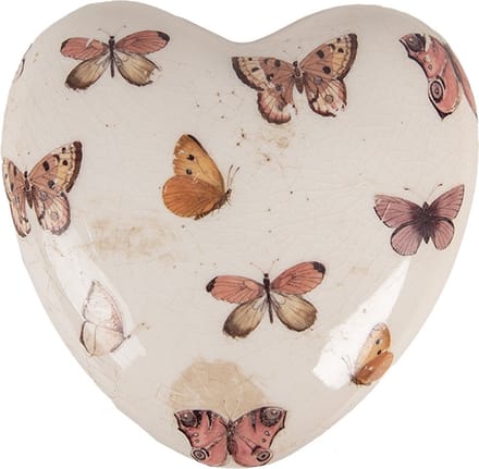 Clayre & Eef Decoratie Hart 10X10x4 cm Beige Roze Keramiek Vlinders
