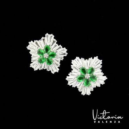 Victoria Valenza Fiore oorbellen - Messing - Groene Steen - Zilver