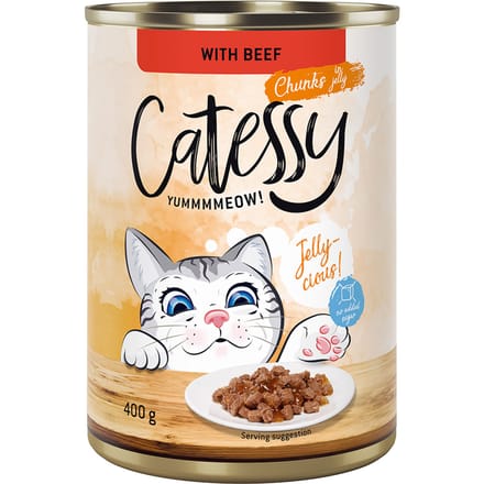 48x400g Hapjes in Saus of Gelei met Rund in Gelei Catessy Kattenvoer