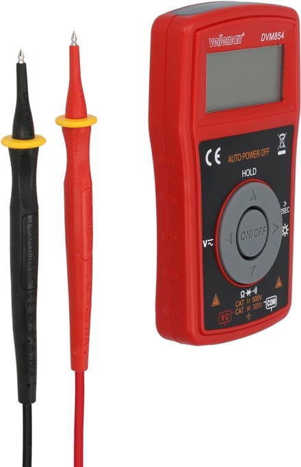 Velleman Digitale multimeter, geschikt voor het meten van DC-stroom, AC/DC-spanning, weerstand, inclusief meetsnoeren