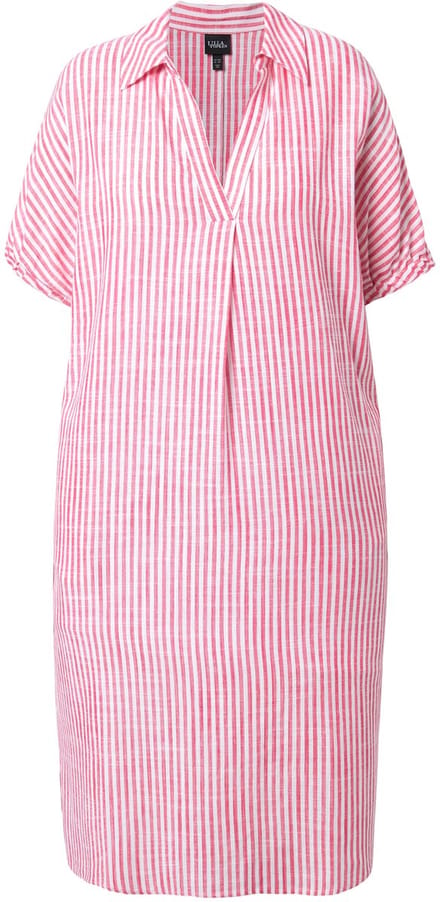 Ulla Popken - Dames - Jurk van linnenmix strepen oversized overhemdkraag - Lichtfuchsia - Maat 58+