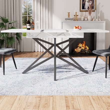 MODFU Uitschuifbare eettafel 120–160x80 cm wit marmerprint blad, stervormige metalen poten, MDF