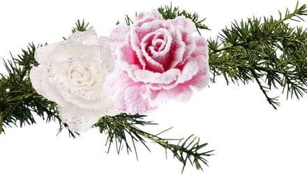 Kerstboomversiering bloemen op clip - 2x st - roze en wit - 10 cm