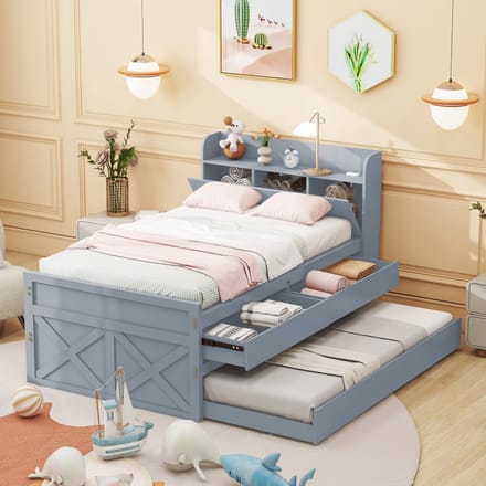 REDOM Bedframe 90cm*190cm van massief hout, multifunctioneel met uitschuifbed, 2 opbergladen en nachttafel met USB