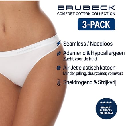 Brubeck Dames String - Naadloos (Seamless) Elastisch Katoen - 3-Pack - Wit - L