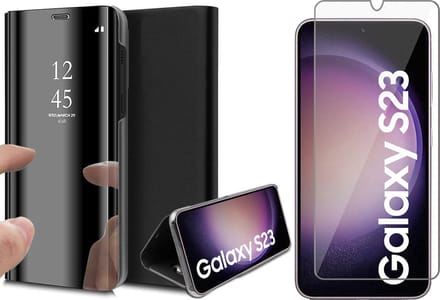 Hoesje geschikt voor Samsung Galaxy S23 - Screen Protector GlassGuard - Book Case Spiegel Zwart & Screenprotector