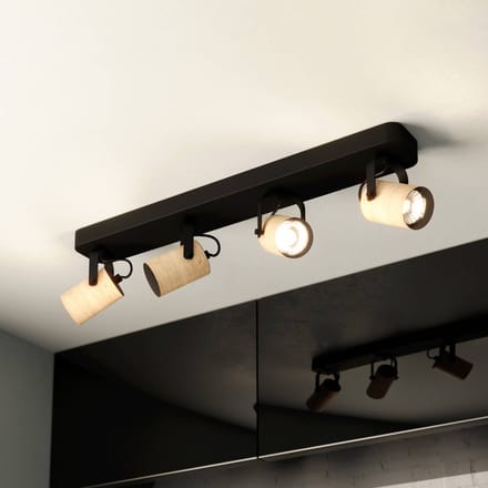 EGLO Cayuca plafondspot, zwart/houten decor, 4-lamps