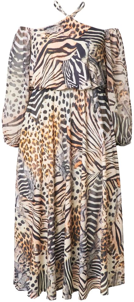 Ulla Popken - Dames - Offshoulder maxi-jurk chiffon dierenpatchprint - Donker kiezel - Maat 44
