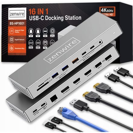 Zenwire Docking Station BS-HD1601 Hub USB-C 16W 2x HDMI 4K 60Hz Display Port 1.4 USB-aansluiting SD-kaart Computeraccessoires