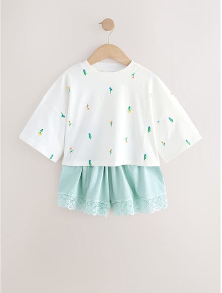 Next - Meisjes - Set van T-shirt en short met textuur - Crème