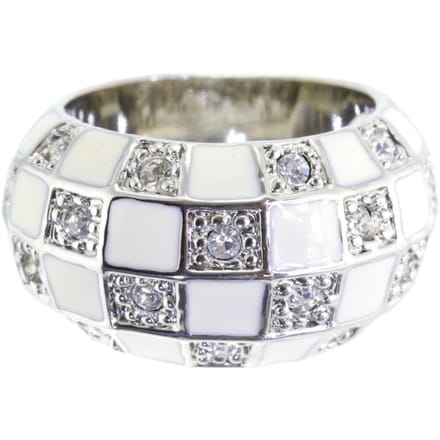 Behave - Ring - Zilverkleurige statement ring met crème wit dambordpatroon en kristallen - Elegant & modern