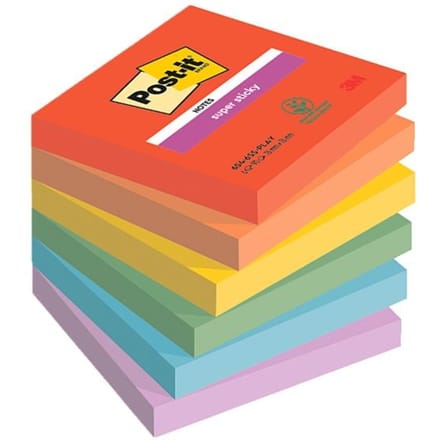 Post-it Super Sticky Notes Playful | 90 vel | ft 76 x 76 mm | geassorteerde kleuren | pak van 6 blokken