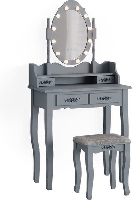 Vicco Kaptafel set met kruk Maggie, Grijs, 75 cm met LED-spiegel en kruk