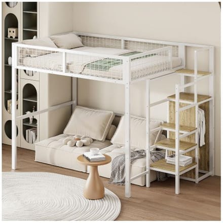 Lit mezzanine - MUVOE - 140x200 cm - Métal blanc - Échelle de sécurité - Rangement intégré blanc