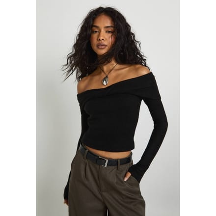 boohoo Dames Twist Front Bardot Jumper | Black | Maat: Medium