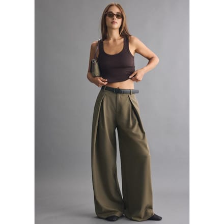 Stradivarius Broek met maxi-plooien en riem  Kaki 44