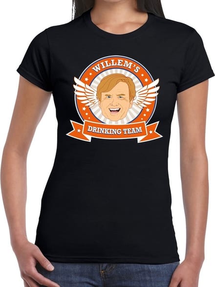Koningsdag Willem drinking team t-shirt zwart dames - Koningsdag kleding S