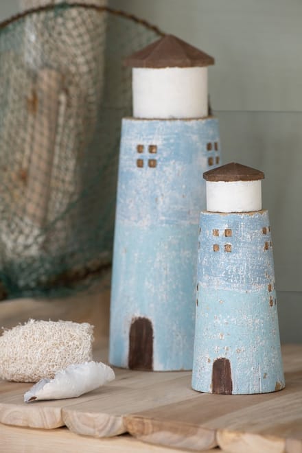 J-Line decoratie Vuurtoren - hout - naturel/lichtblauw - small - 2 stuks