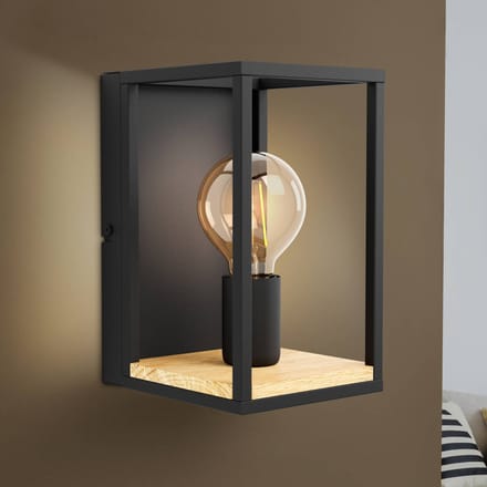 EGLO Wandlamp Libertad, breedte 14 cm, zwart/hout, staal