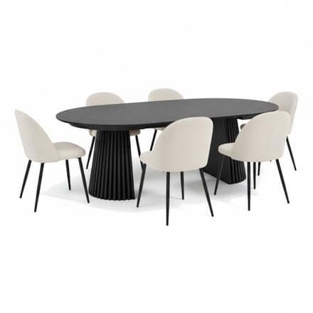 Tokyo eethoek eettafel zwart, 6 stoelen met beige ribfluweel bekleding.