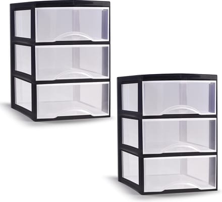 Plasticforte ladeblokje/bureau organizer - 2x - 3 lades - transparant/zwart - L18 x B25 x H25 cm