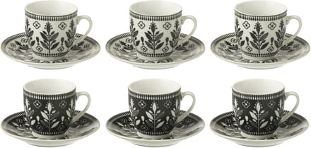 J-Line kop + schoteltje Bladeren - keramiek - zwart/wit - doos van 6