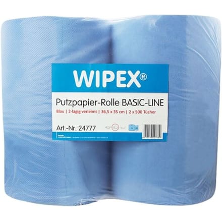 WIPEX Basic-Line poetspapier, 2-laags, geperforeerd, hoog absorptievermogen, 100 % cellulose, blauw, 2 rollen met elk 500 doeken