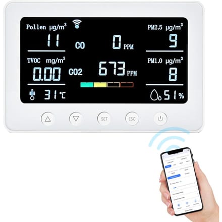 2,4GHz WiFi-luchtkwaliteitsmonitor 8-in-1 CO2/CO/PM2.5/PM1.0/TVOC/Pollen/Temperatuur en vochtigheid EU Plug wit