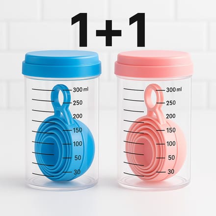 1+1 maatbeker plus maatschepjes - blauw + roze