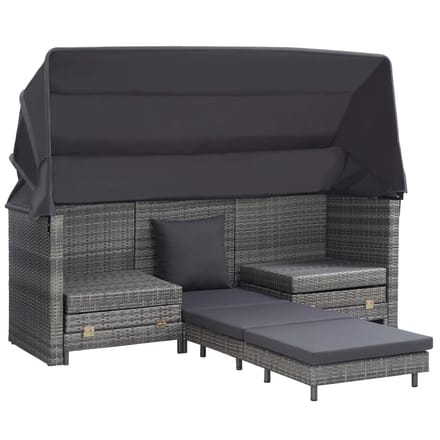 vidaXL - Slaapbank - met - luifel - 3-zits - verlengbaar - poly - rattan - grijs