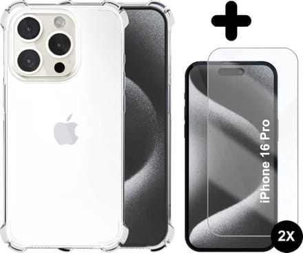 Hoesje geschikt voor iPhone 16 Pro Transparant - 2x screenprotector - beschermglas screen protector- Anti Shock hoesje case