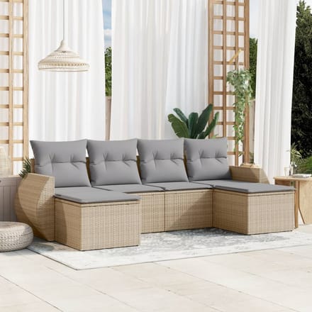 vidaXL 6-delige Loungeset met kussens poly rattan beige