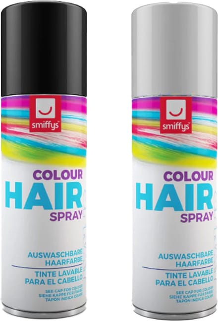 Smiffys Carnaval verkleed hoofdhaar verf/spuitspray - zwart en wit - spuitbussen - 125 ml p/st
