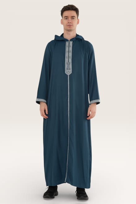 Heren blauwe Eid Marokkaanse Thobe gewaad met capuchon Djellaba Gandoura Ramadan Jubba LFS-HM3