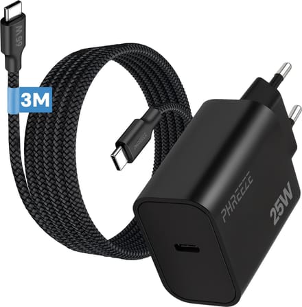 Phreeze usb C oplader 25w met usb C naar usb C kabel - 3 meter - Snellader voor telefoon en laptop