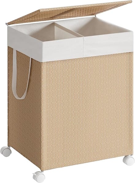 MAZAZU Wasmand 2 Vakken met Deksel - Wassorteerder 102 L - Opvouwbaar - Beige - 46,5 x 37,5 x 65 cm