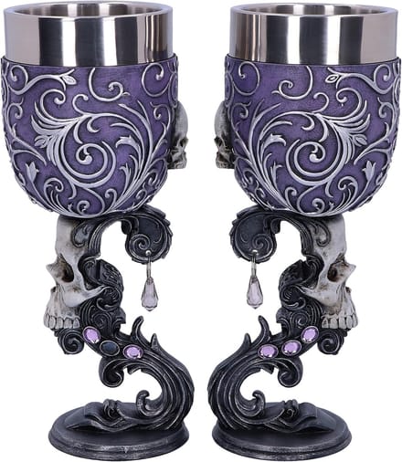 Set van 2 Dubbele Schedel Bekers Hartvormig - Gothic Wijnkelken met Zilveren Details