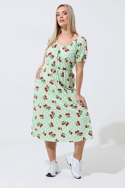 Limited Collection Groene Gingham Bardot Jurk Met Kersenprint Size 42