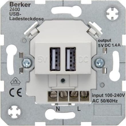 Berker USB stopcontact - 2 voudig - 1.4A - basiselement - 260009