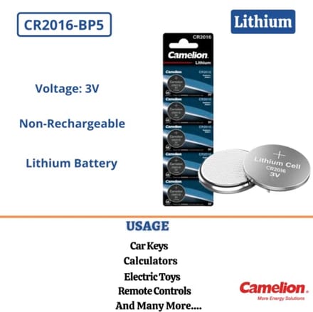Lithium knoopcelbatterij CR2016 - Set van 5, 3 Volt, 75 mAh voor diverse apparaten