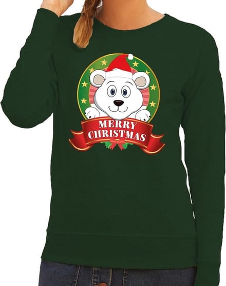 Foute kersttrui / sweater ijsbeer - groen - Merry Christmas voor dames S