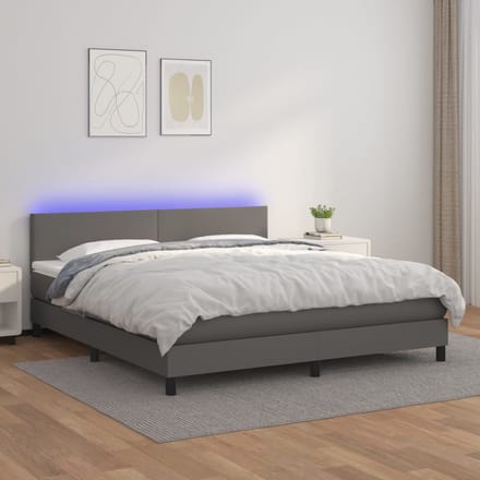 vidaXL - Boxspring - met - matras - en - LED - kunstleer - grijs - 160x200 - cm