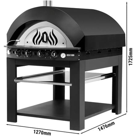 GGM Gastro Gas pizzaoven (chamotte bakvloer) - 1 kamer - 9 x Ø30cm - tot 400°C - Handmatig - zwart - incl. onderstel met onderbodem & plank zwart