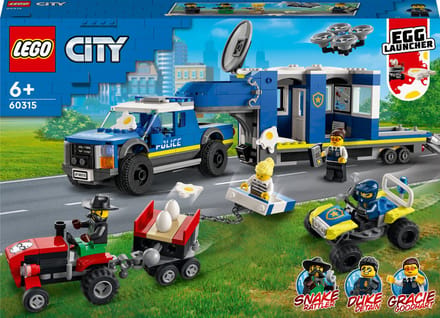 LEGO® City Mobiele commandowagen politie 60315 bouwset voor kinderen vanaf 6 jaar; met een pick-uptruck en aanhanger met gevangenis, een terreinwagen en een drone, een tractor met eier-aanhanger en 4 minifiguren (436 onderdelen)