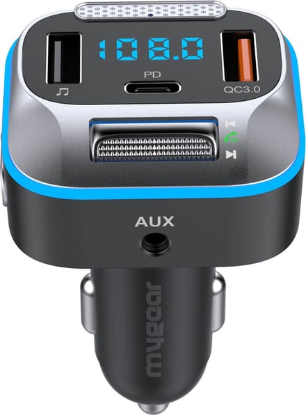MyGear Bluetooth FM Transmitter - Auto Lader - Carkit - Snellader - USB-C Poort -  Handsfree Bellen - Voor Alle Telefoons - Bluetooth Audio Receiver - 7 Kleuren