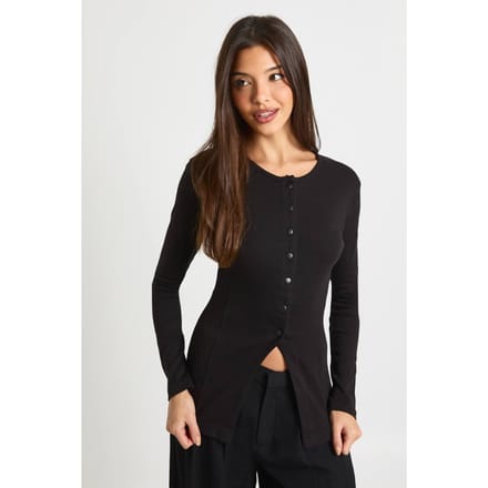 boohoo Dames Geribbelde Longline Top met Drukknopen Vooraan | Zwart | Maat: 34