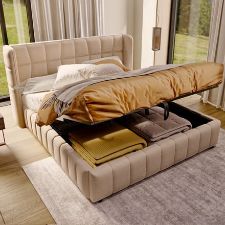 PHOEBE CAT Gestoffeerd bed - 180 x 200 cm - Opbergruimte - Linnen stof - Beige
