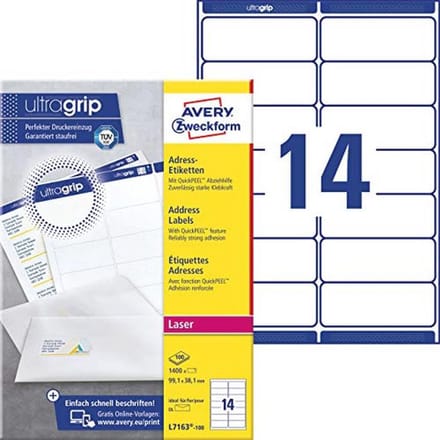Adresetiketten met Ultragrip Technologie - 99,1 x 38,1 mm, DIN A4, Zelfklevend, Wit, 100 Blatt