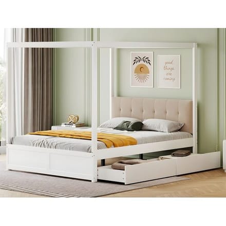 ModernLuxe Hemelbed van hout 140x200cm - met gestoffeerd hoofdbord en 2 lades - Wit