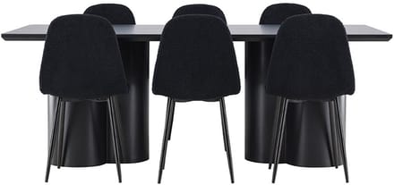 Olivia eethoek tafel 100x210cm en 6 teddy stoelen zwart.